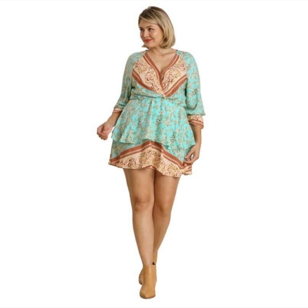 Nwt Umgee Boho Chic V-Neck Floral Print Layered Mini Dress Plus Size 2XL